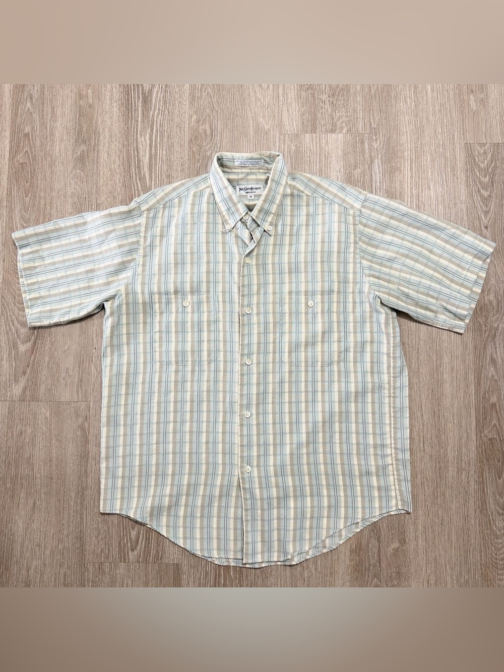 Vintage Yves Saint Laurent YSL Mens Shirt M Plaid Short Sleeve Button Down